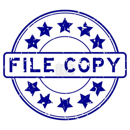 Grunge bleu fichier copier mot avec icône étoile rond tampon de joint en caoutchouc sur fond blanc