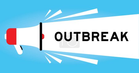 Illustration for Color megaphone icon with word outbreak in white banner on blue background - Royalty Free Image