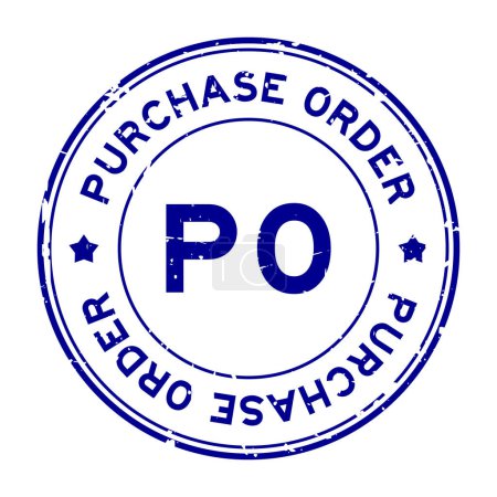 Grunge blue PO purchase order word round rubber seal stamp on white background
