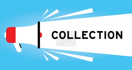 Illustration for Color megaphone icon with word collection in white banner on blue background - Royalty Free Image