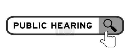 Search banner in word public hearing with hand over magnifier icon on white background