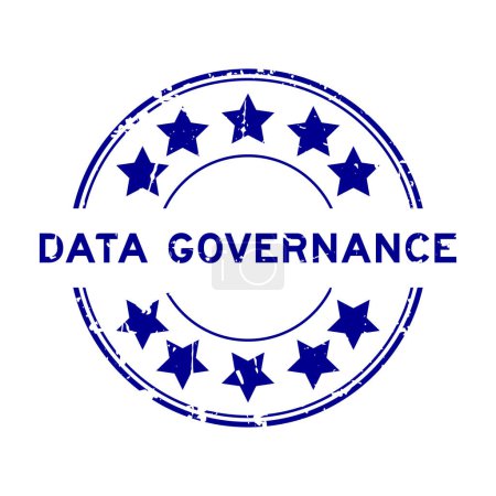 Ilustración de Gobierno de datos de palabra azul grunge con sello de sello de goma redonda de icono estrella sobre fondo blanco - Imagen libre de derechos