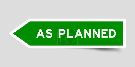 Green color arrow shape sticker label with word as planned on gray background