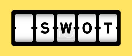 Schwarze Farbe im Wort SWOT (Abkürzung für Stärke, Schwäche, Chancen, Bedrohungen) auf Schlitzbanner mit gelbem Hintergrund