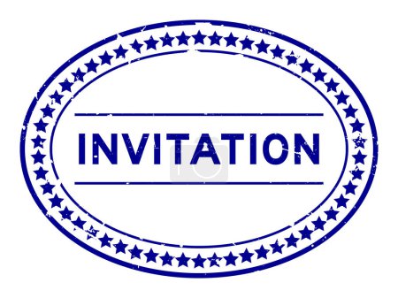 Grunge mot d'invitation bleu timbre de joint en caoutchouc ovale sur fond blanc