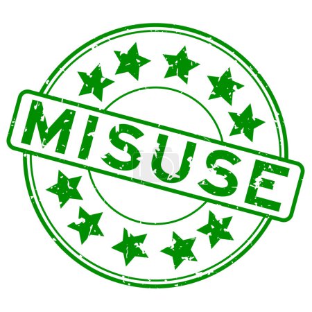 Grunge-grünes Missbrauchswort mit Stern-Symbol, runden Gummidichtungsstempel auf weißem Hintergrund