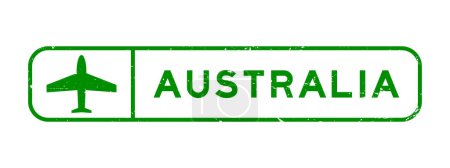 Grunge green australia word with plane icon square rubber seal stamp auf weißem Hintergrund