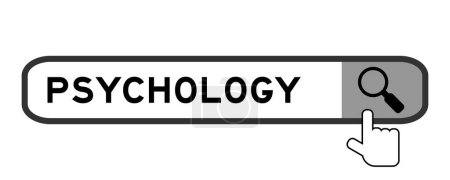 Search banner in word psychology with hand over magnifier icon on white background