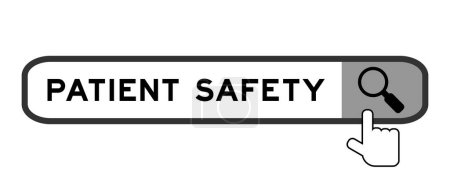 Illustration for Search banner in word patient safety with hand over magnifier icon on white background - Royalty Free Image