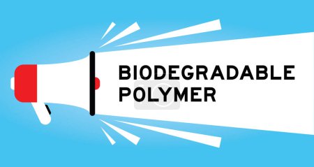 Icono de megáfono de color con palabra polímero biodegradable en bandera blanca sobre fondo azul