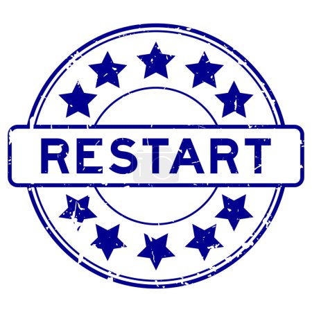 Grunge blue restart word with star icon round rubber seal stamp on white background