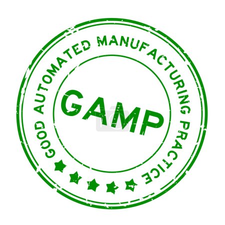 Ilustración de Grunge verde GAMP Good Automated Manufacturing Práctica palabra sello de goma redonda sobre fondo blanco - Imagen libre de derechos