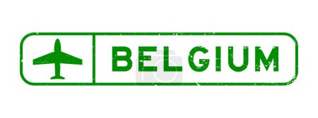 Grunge grünes belgisches Wort mit Flugzeug-Ikone quadratischer Gummidichtungsstempel auf weißem Hintergrund