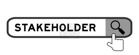 Search banner in word stakeholder with hand over magnifier icon on white background