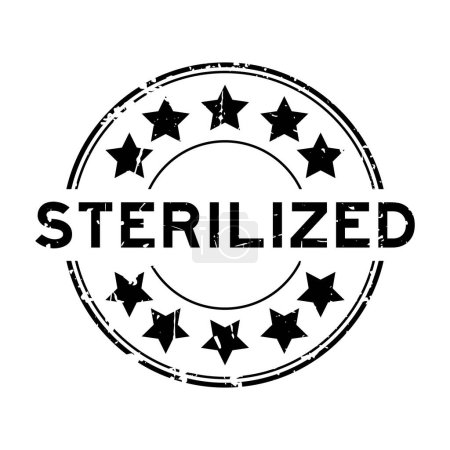 Grunge black sterilized word with star icon round rubber seal stamp on white background
