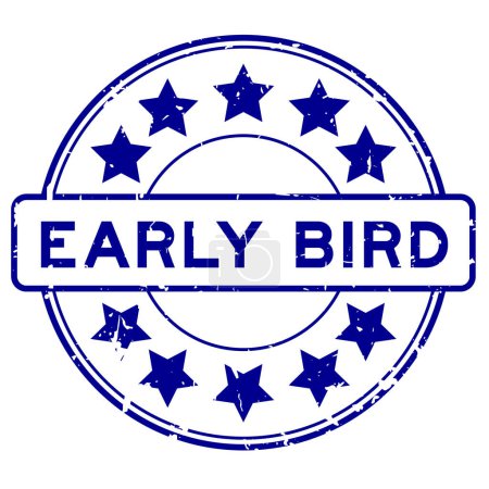 Grunge blue early bird word round rubber seal stamp auf weißem Hintergrund
