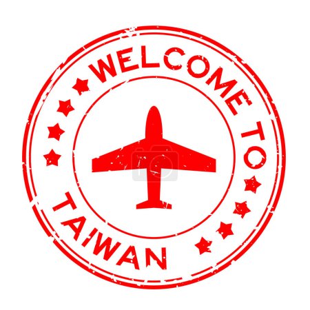 Téléchargez les illustrations : Grunge rouge Bienvenue à taiwan avec l'icône de l'avion rond tampon d'étanchéité en caoutchouc sur fond blanc - en licence libre de droit