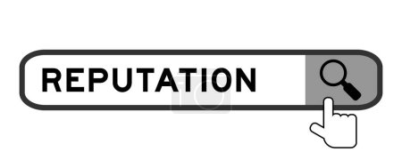 Illustration for Search banner in word reputation with hand over magnifier icon on white background - Royalty Free Image