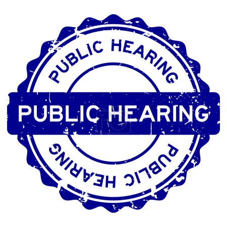 Grunge blue public hearing word round rubber seal stamp auf weißem Hintergrund