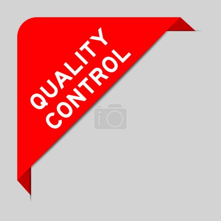 Red color of corner label banner with word quality control on gray background
