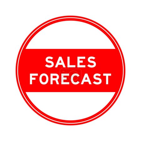 Etiqueta engomada de sello redondo de color rojo en pronóstico de ventas de palabras sobre fondo blanco