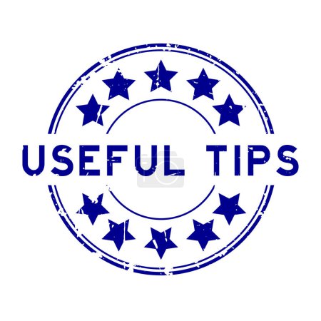Grunge blue consejos útiles palabra con estrella icono sello de goma redonda sello sobre fondo blanco