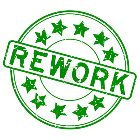 Grunge green rework word with star icon round rubber seal stamp on white background