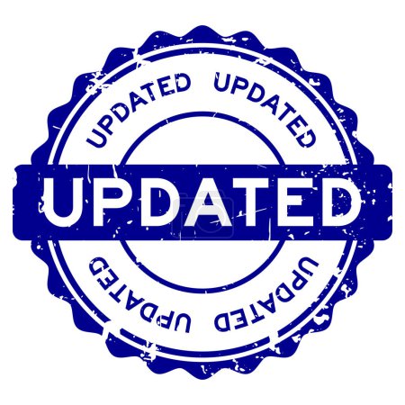 Grunge azul palabra actualizada sello de goma redonda sobre fondo blanco