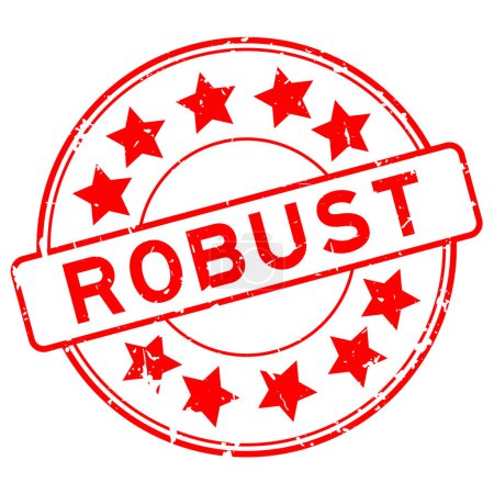 Grunge palabra robusta roja con sello de sello de goma redonda icono estrella sobre fondo blanco