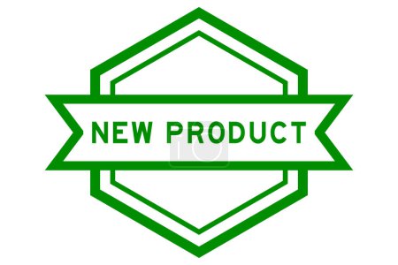 Vintage green color hexagon label banner with word new product on white background