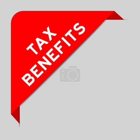 Red color of corner label banner with word tax benefits on gray background