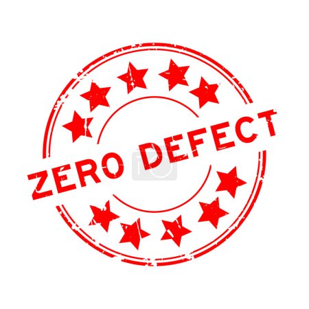 Grunge rotes Null-Fehler-Wort mit Stern-Symbol runden Gummidichtungsstempel auf weißem Hintergrund