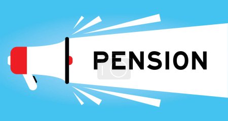 Color megaphone icon with word pension in white banner on blue background