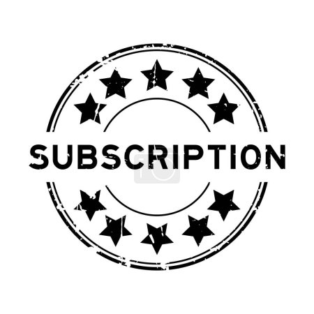 Grunge schwarzes Abonnement-Wort mit Sternsymbol, runder Gummidichtungsstempel auf weißem Hintergrund