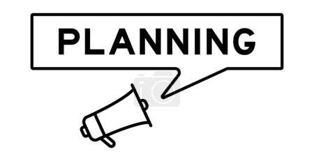 Megaphone icon with speech bubble banner in word planning on white background