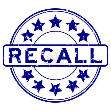 Grunge blue recall word with star icon round rubber seal stamp on white background