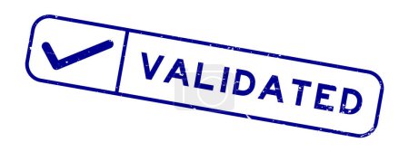 Grunge blau validiertes Wort mit rechtem Häkchensymbol quadratischer Gummidichtungsstempel auf weißem Hintergrund