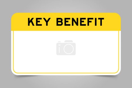 Banner de etiqueta que tiene encabezado amarillo con beneficio de clave de palabra y espacio de copia en blanco, sobre fondo gris