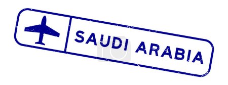 Grunge blue saudi arabia word with plane icon square rubber seal stamp on white background