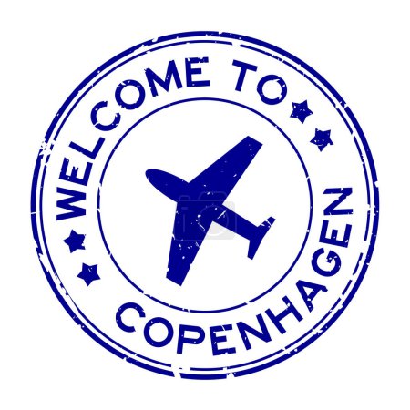 Téléchargez les illustrations : Grunge bleu Bienvenue au mot copenhagen avec l'icône plane tampon de joint en caoutchouc rond sur fond blanc - en licence libre de droit