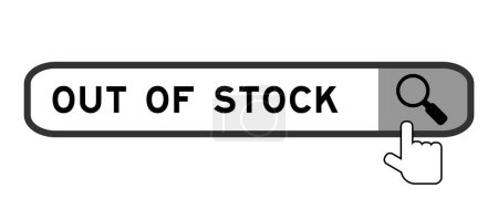 Search banner in word out of stock with hand over magnifier icon on white background