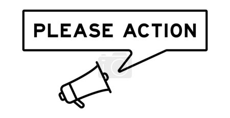 Megafon-Symbol mit Sprechblasenbanner in Wort bitte Aktion auf weißem Hintergrund