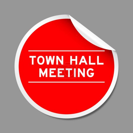 Red color peel sticker label with word townhall meeting on gray background