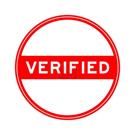Etiqueta engomada de sello redondo de color rojo en palabra verificada sobre fondo blanco
