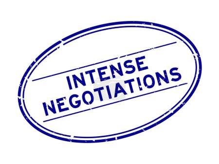 Grunge blue intense negotiations word oval rubber seal stamp on white background