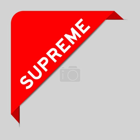 Rote Farbe des Ecketikettenbanners mit Wort Supreme auf grauem Hintergrund