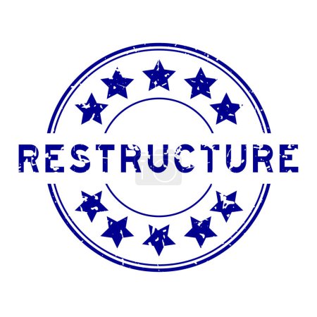 Grunge palabra de reestructuración azul con sello de sello de goma redonda icono estrella sobre fondo blanco