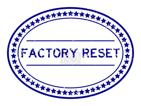 Grunge blue factory reset word oval rubber seal stamp auf weißem Hintergrund