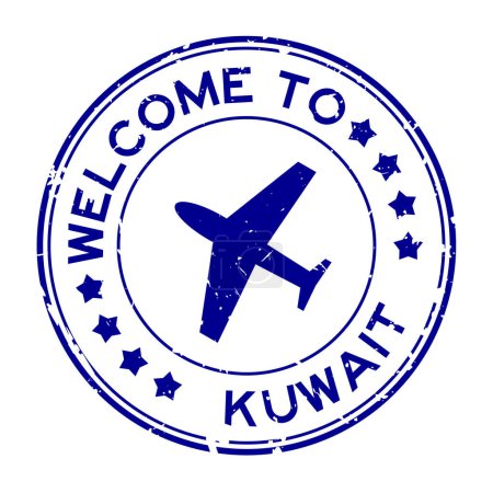 Grunge blue welcome to kuwait word with plane icon round rubber seal stamp on white background