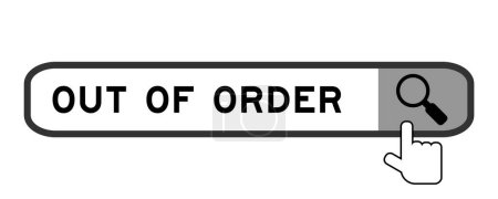 Search banner in word out of order with hand over magnifier icon on white background